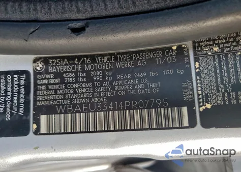 2004 BMW 325 Xi z USA, uszkodzony, nr VIN WBAEU33414PR07795